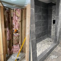 a before and after of a shower remodeling